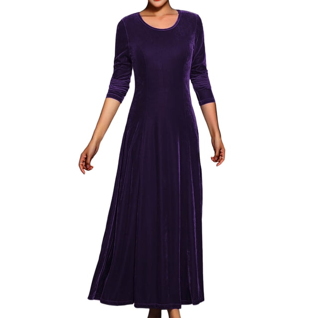 Kctiaxy Robes Violettes pour Femmes à Manches Longues à Col Rond Robe Maxi en Velours Couleur Unie Coupe Ajustée Élégante Fluide Robes d'Hiver Tenue Décontractée L