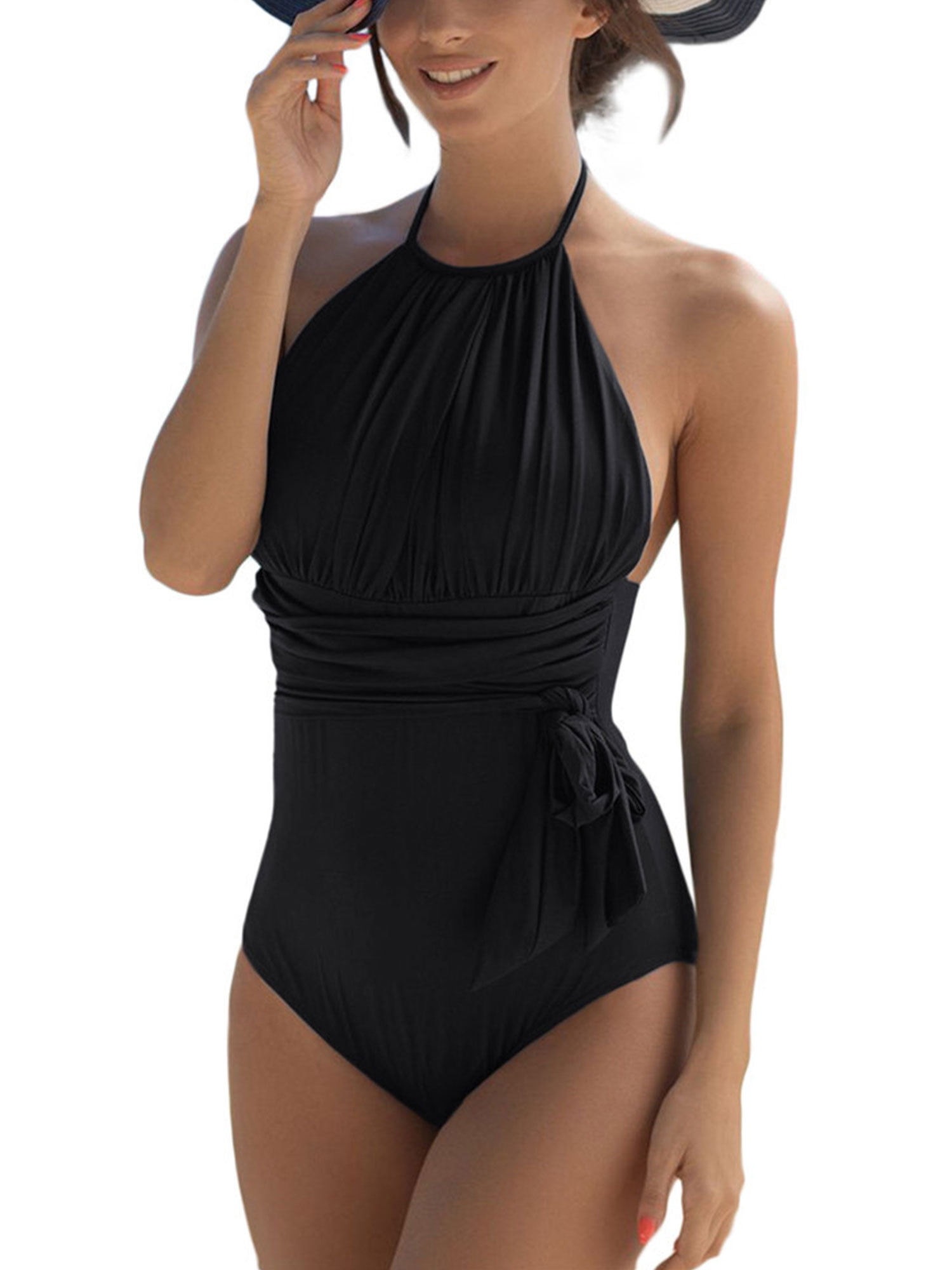 Black,S JFAN Women's Halter Neck 1 Piece Bikini Set High Waist Push Up Swimsuit for Summer Padded Tummy Control Bathing Suits 