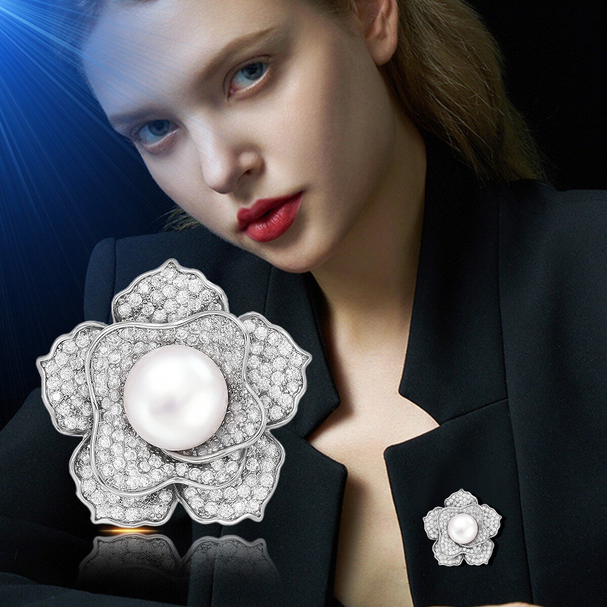 Vintage Rhinestone White Flower Pearl Brooches Pins for Women Lapel Pin for Scarf Shawl Costume Hat Bag Suit Dress Accessories