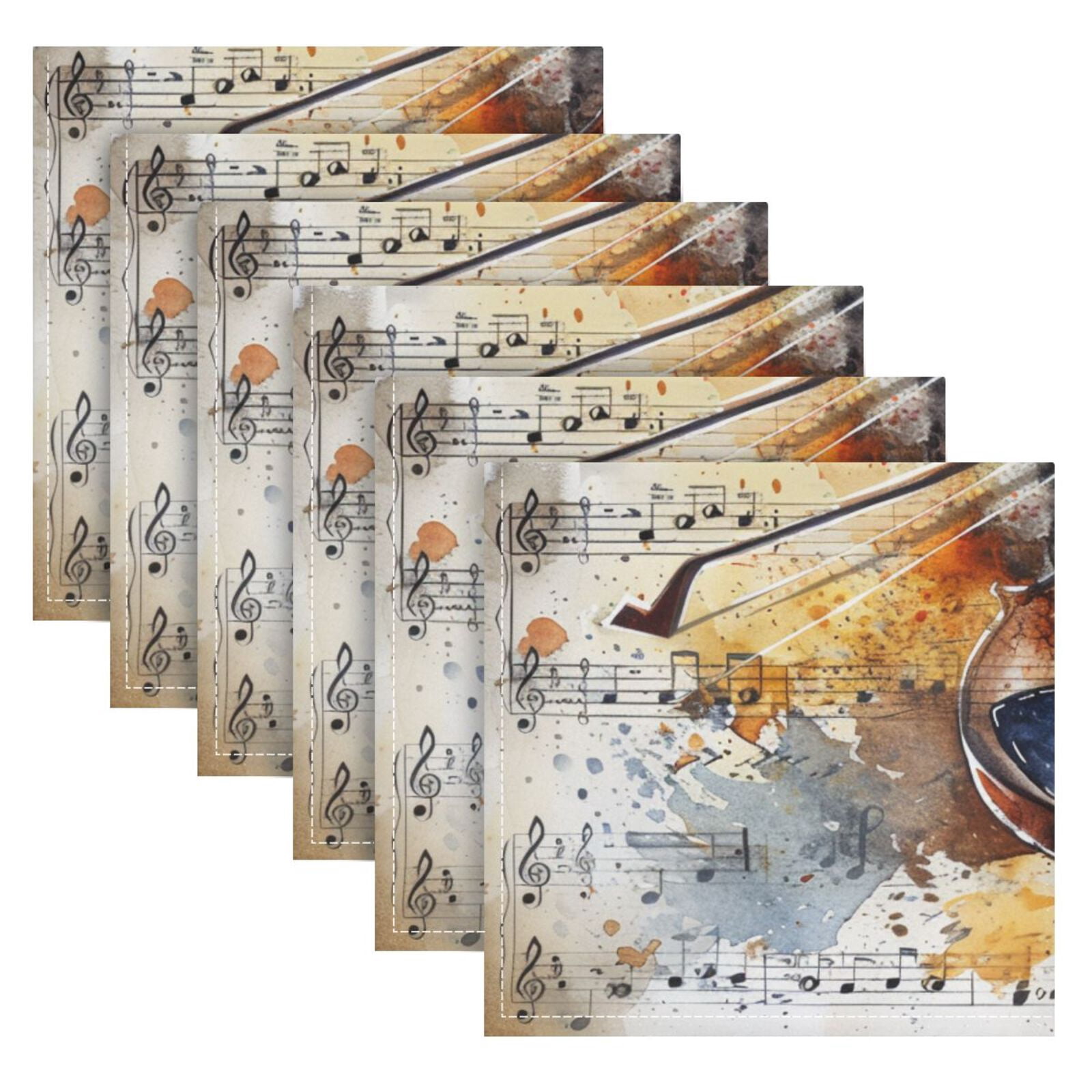 JSTEL Sheet Music Guitar Watercolour Cloth Napkins Set of 6, 20x20 Inch Washable and Reusable Napkin for Decoupage Dinner Party Everyday Use