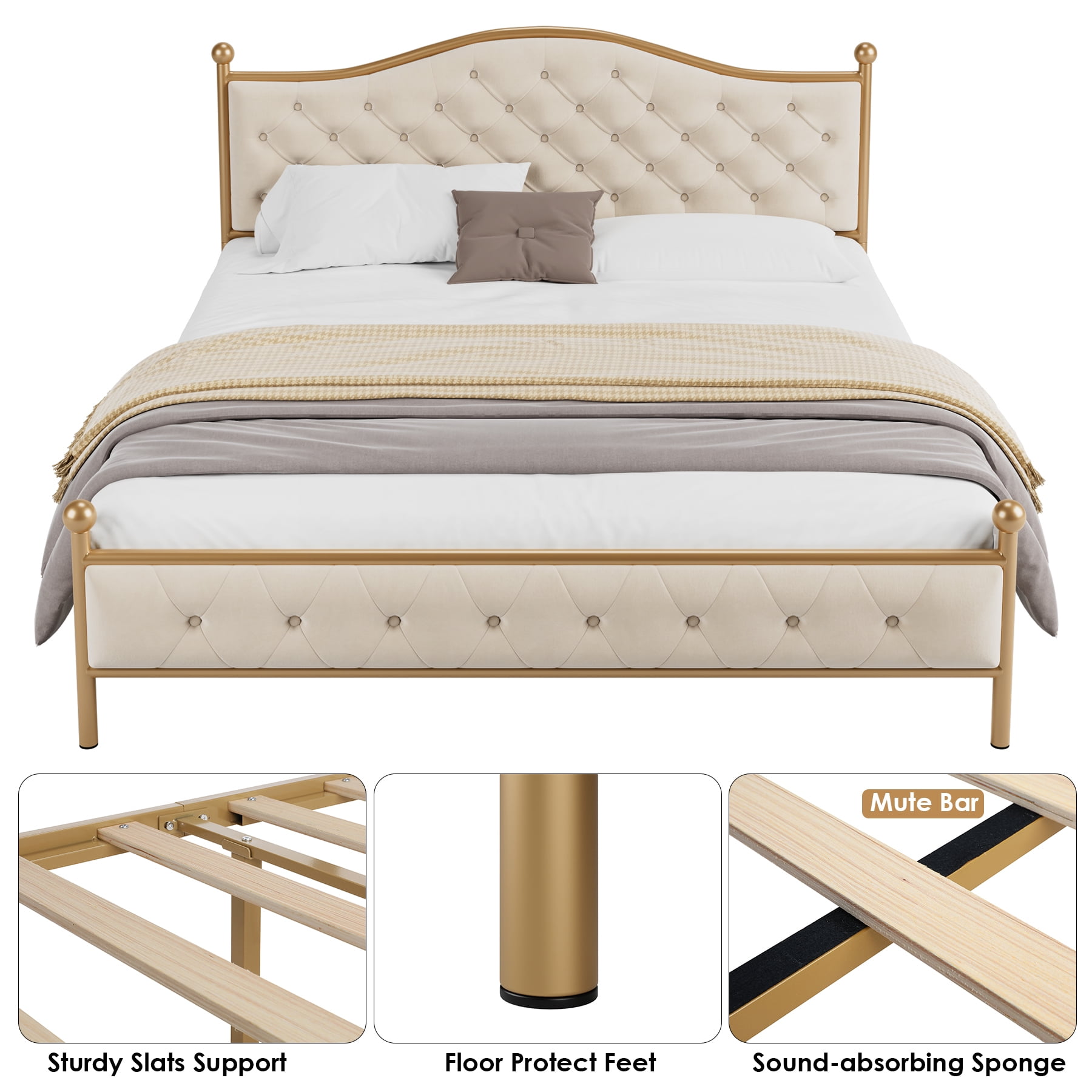 Homfa King Size Bed Frame, Metal Tubular Platform Bed with Button