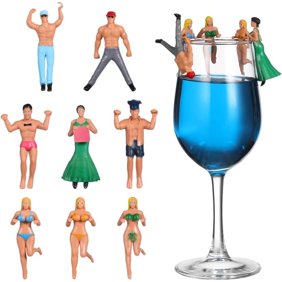 Wine Glass Tags Charms Hanging Ornament Identify Label Cup Edge Action Figurines Doll for Drink Marker 8pcs (Random Style)