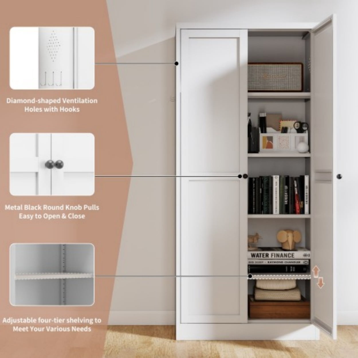 61" Metal Kitchen Pantry Cabinet, Heavy Duty Freestanding Storage Cabinet with 4 Adjustable Shelves, Farmhouse Organizer with Doors for Kitchen Living Room, White