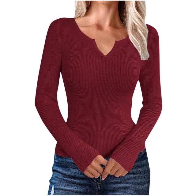 Swstbby Soldes d'Automne! Hauts d'Automne pour Femmes Grande Taille, Mode Décontractée à Manches Longues Col en V Rouge S