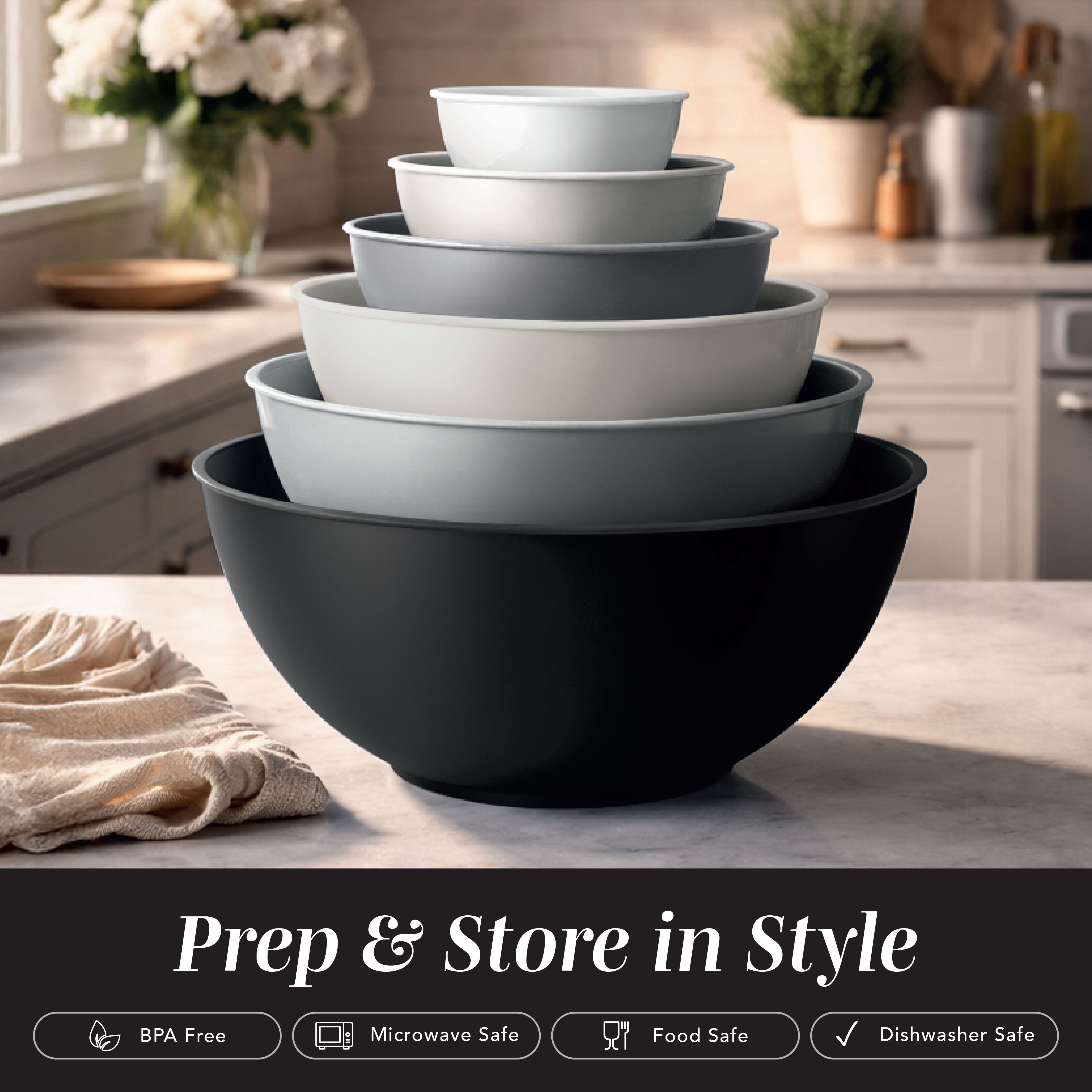 COOK WITH COLOR Mixing Bowls with Lids, 12-Piece Set, Plastic Bowls for Kitchen, Black Ombre Plain