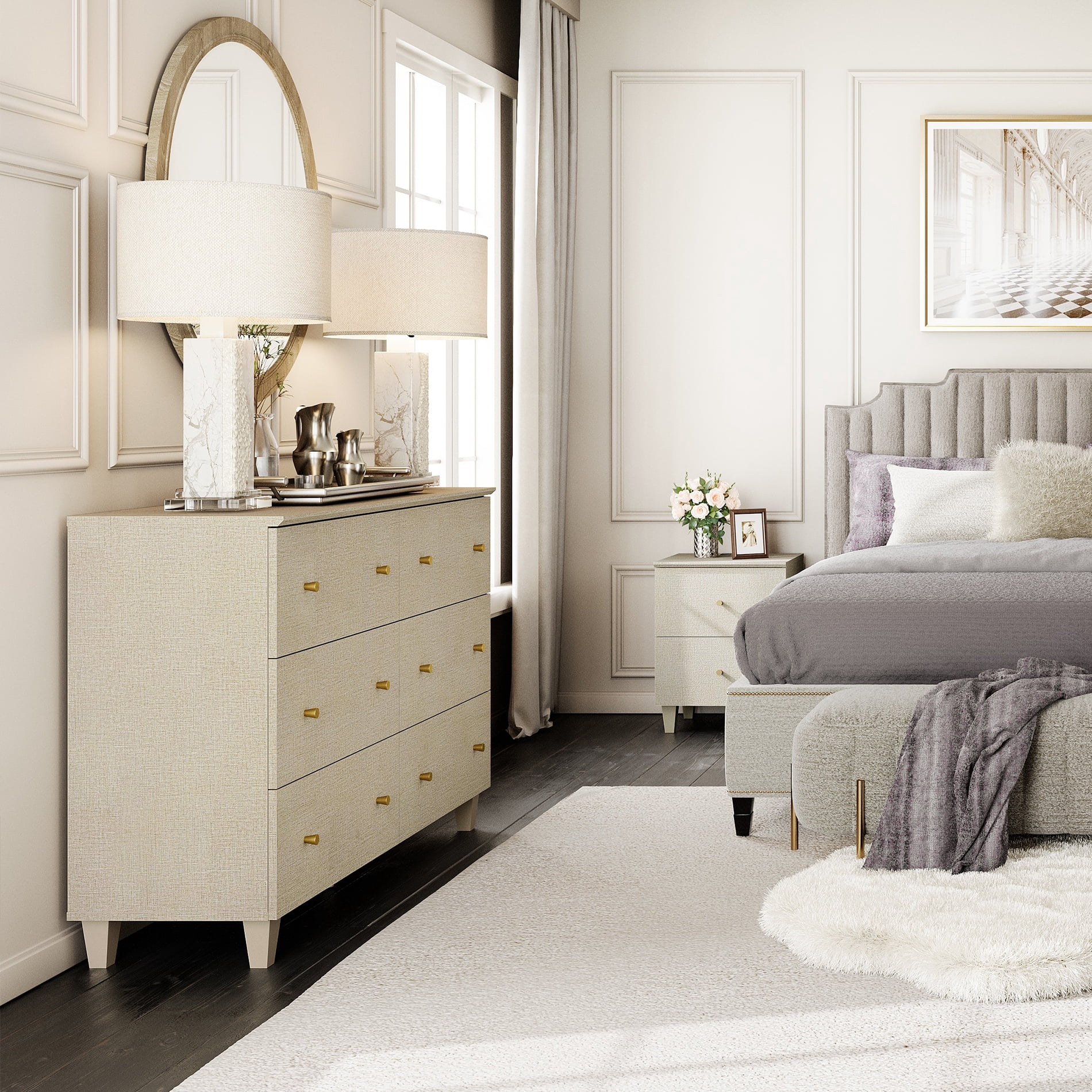 WAMPAT Dresser and Nightstand Set of 2, Wood Dresser with 6 Drawers, Nightstand with Charging Stations for Living Room, Beige Linen Printed