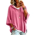 thumbnail image 2 of HaCpiu Women's Fine Knit Poncho Hooded Sweater, Solid Loose 3/4 Dolman Sleeve Pullover, Lightweight Boho Oversized Drawstring Sweatshirt, Pink XL, 2 of 7