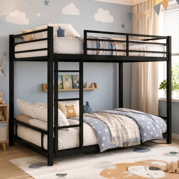 Metal Twin over Twin Bunk Bed, UHOMEPRO Heavy Duty Metal Bunk Bed Frame with Safety Guardrails, Built-in Ladder, Noise-Reduced Slats, Low Profile Bunk Bed for Kids, Teens Bedroom, Black