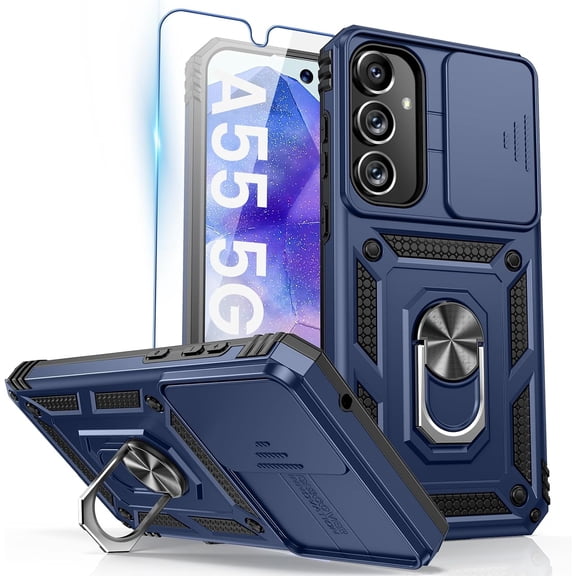 for Samsung A55 5G Case, Galaxy A55 5G Case with Camera Cover & 360°Kickstand Ring with Tempered Glass Screen Protector, Military Grade Shockproof Protective Cover for A55 5G Case Blue