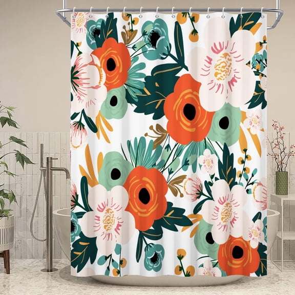 Floral Colorful Shower Curtain, Orange Red Poppy Flower Green Leaves Boho Plant Abstract Bathroom Curtain for Bathtub Home Decor Waterproof Fabric Machine Washable with Hooks,72" Wx72 L