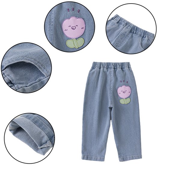 FLMEI Kids Baby Girls Straight Denim Pants Washed Elastic Waist Casual Trousers Spring Fall Wide Leg Baggy Jeans Pants Size 1-8 Years