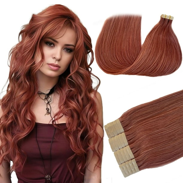 Cinta de 24 pulgadas en extensión de cabello cabello humano Real #14 Auburn 20 unids/pack extensiones de cabello de cinta de trama de piel recta sin costuras 70g