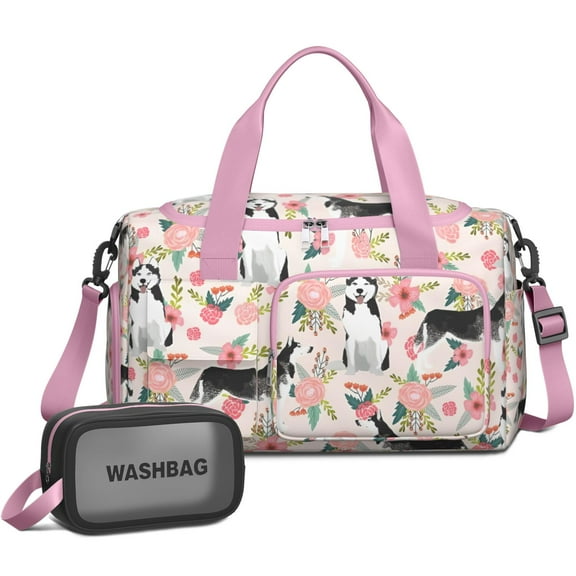 Women Men Gym Bag,Husky and Pink Pioneer Flower Small Duffle Bag Spend the Night Bags for Women with Shoes Compartment Washbag,Detachable Shoulder Strap,19.7x8.3x11 Inches
