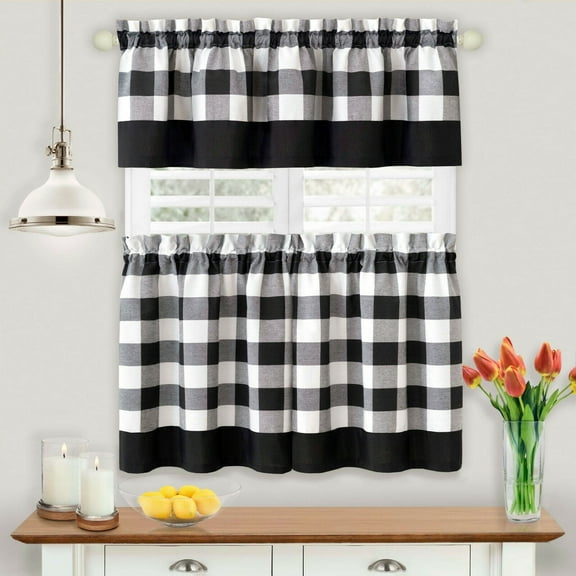 Kate Aurora Modern Farmhouse Black Plaid Gingham Country Rod Pocket Light Filtering Kitchen Curtains, 58 x 14 in (2 Panels)
