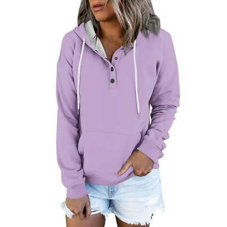 

DENGDENG Cute Hoodie Women Henley V Neck with Pocket Outfits Women Plus Size Sweatshirts Hooded Drawstring Button Down Lightweight Pullover Women Long Sleeve Solid Maternity Clothes Light Purple L