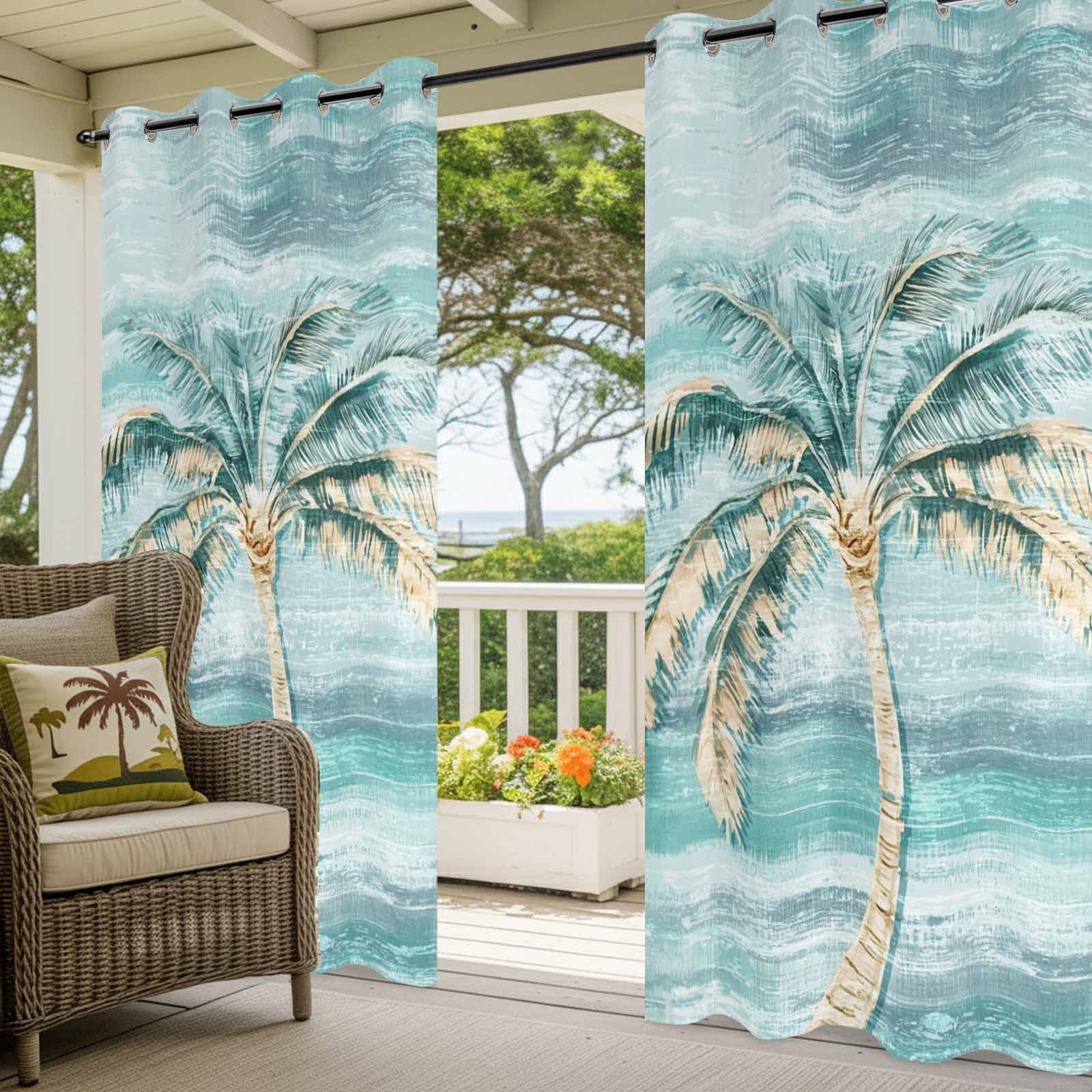 Palm Tree Outdoor Curtains for Patio, Vintage Green Tree Sunshade Privacy Drapes Grommet Waterproof Outside Curtains for Porch/Cabana/Balcony 54"x 108", 1 Panel