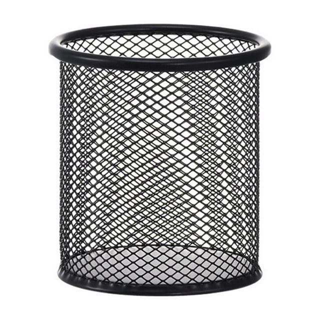 fastboy Mesh Metal Pen Holder Pot Smooth Edge Fashion Table Container Eraser Ruler Caddy Desk Stationery Holders Organizer Office Round/Black