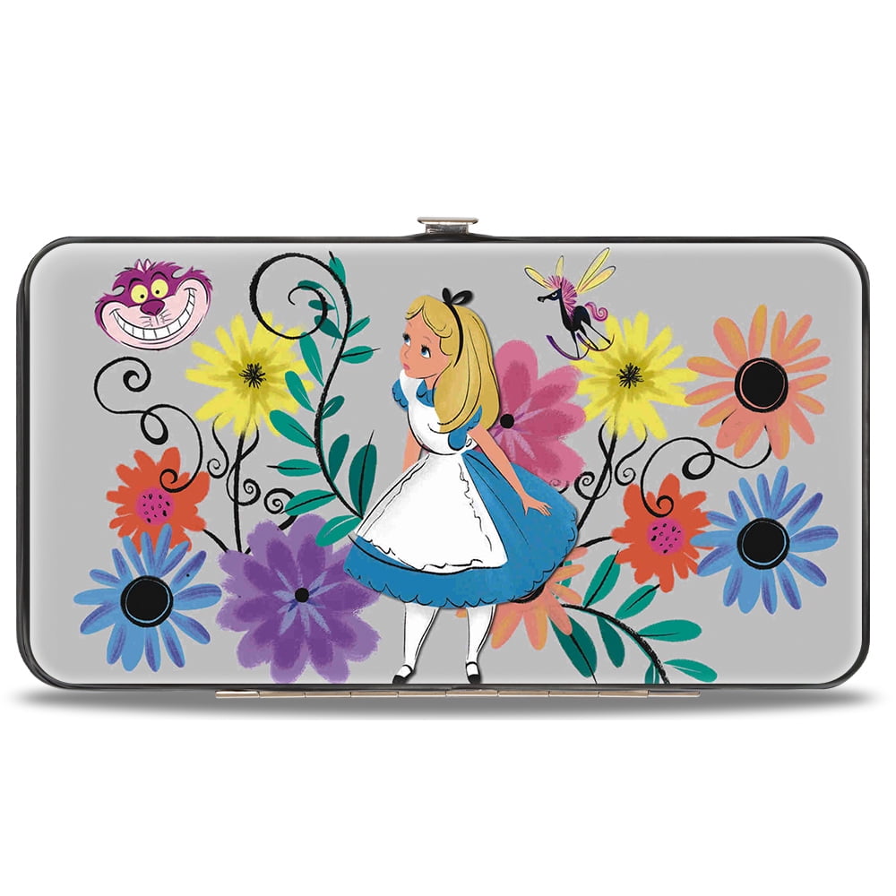 Disney Wallet, Hinged, Alice Cheshire Cat Face Flowers of Wonderland Multi Color, Vegan Leather