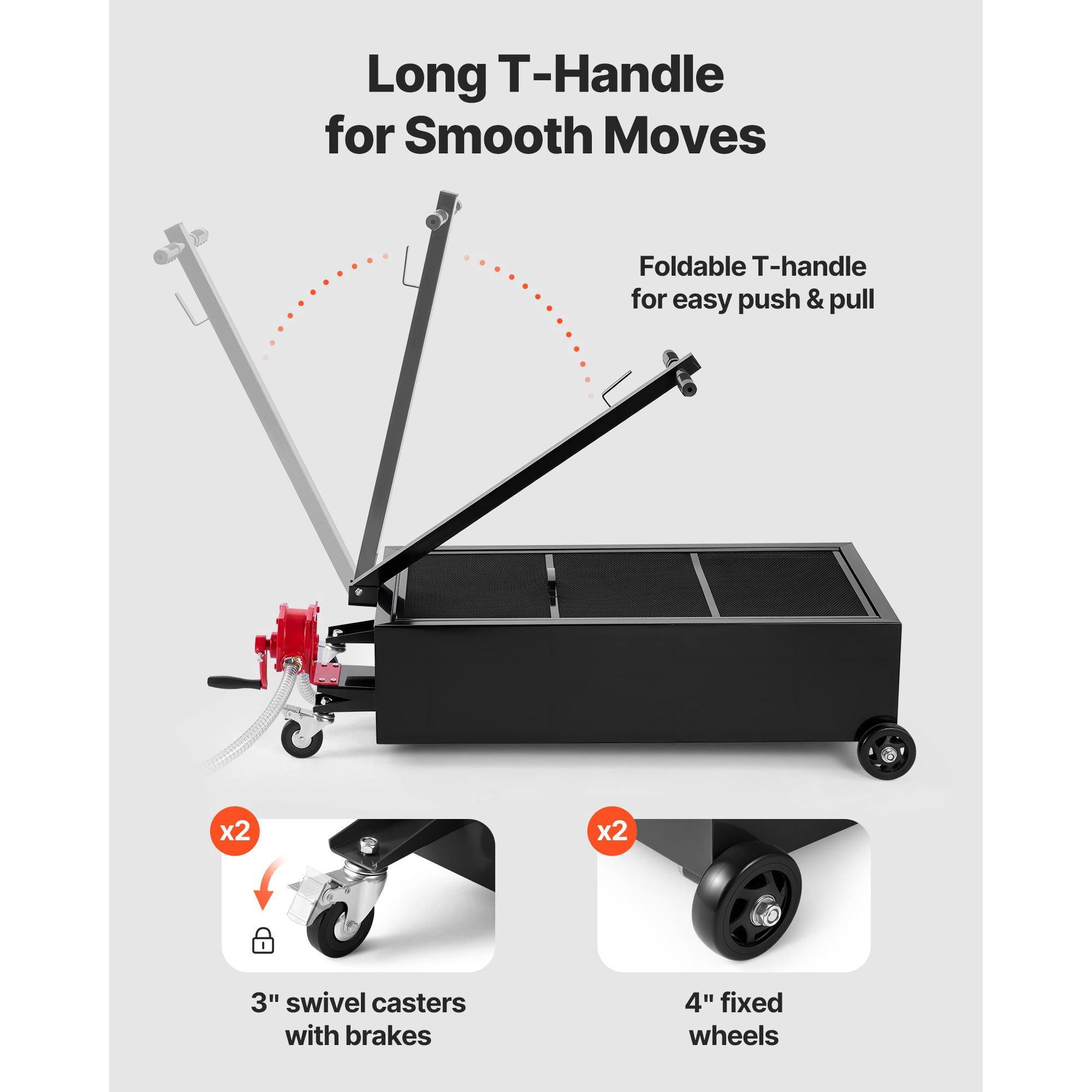 Dranite Low-Profile Rolling Oil Drain Pan with Manual Pump, 25-Gallon Capacity, 7.2-ft Hose & Foldable Handle, Leakproof & Corrosion-Resistant for Cars, Trucks, ATVs, Black