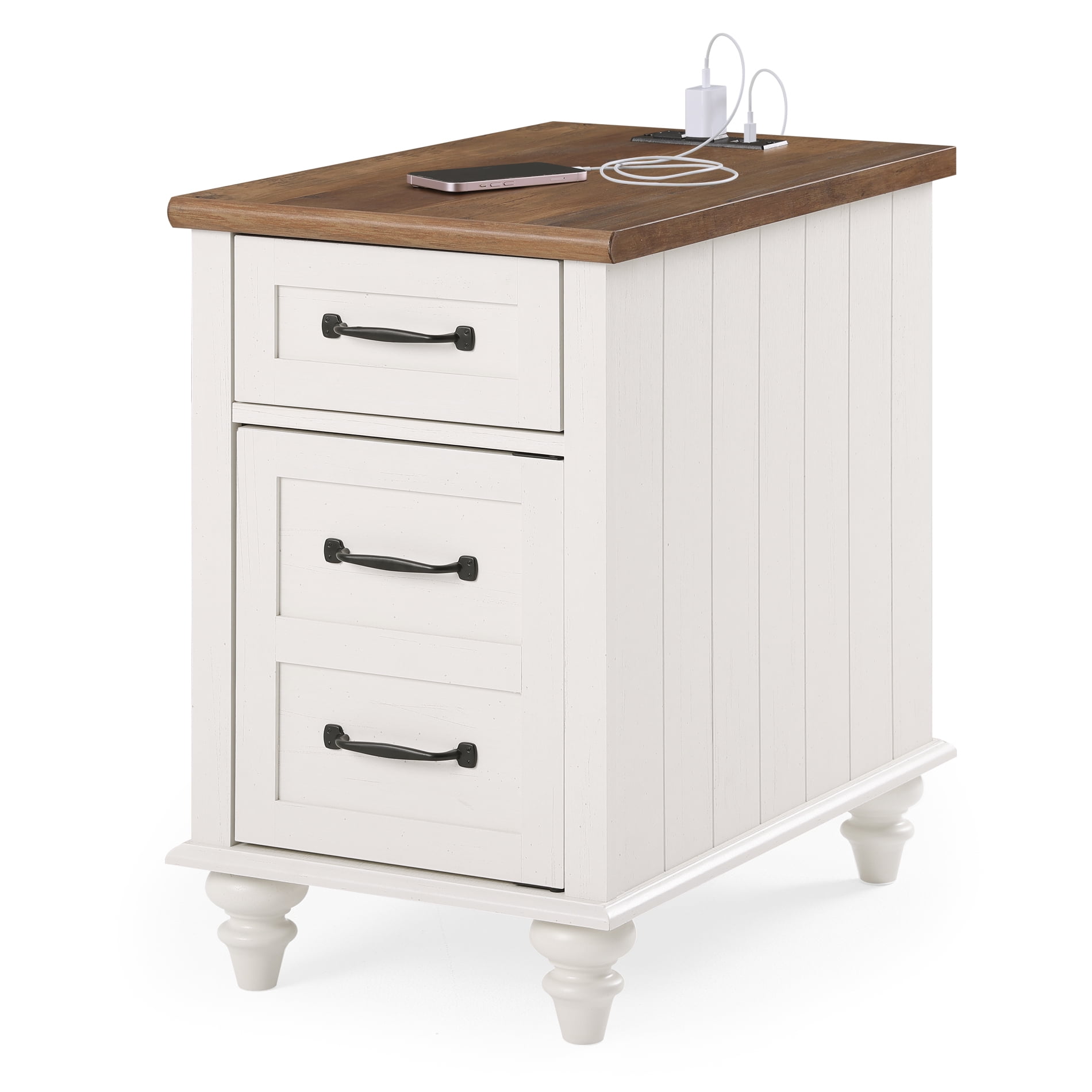 End Table with Charging Station&USB Port, Side Table with Storage Drawers for Living Room, Bedroom, White