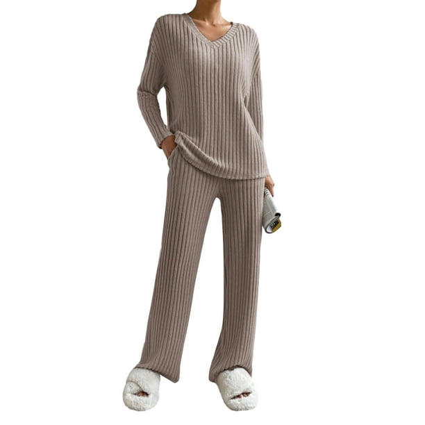 Lucakuins Conjunto de dos piezas para mujer de manga larga con cuello en V y pantalones de punto acanalado Lucakuins moda