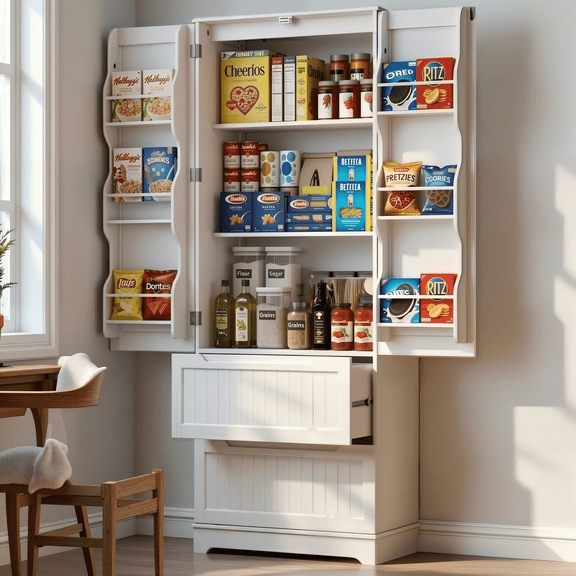 Pantry Cabinet, Lofka 63" Kitchen Pantry Storage Cabinet with Magnetic Doors and 9 Shelves, White