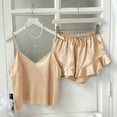 thumbnail image 3 of LYEAA Womens Sleepwear Valentine's Day Two Piece Soft Satin Nightwear Set V Neck Sling Tops with Shorts Cozy Loungewear Ladies Solid Ruffled Loose Casual Pajamas Sleepsuits Gold S, 3 of 3