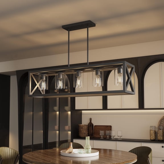 5 Light Farmhouse Chandeliers for Dining Room&Kitchen Island with Adjustable Height & Thickened Metal Dining Room Light Fixture Over Table,Black