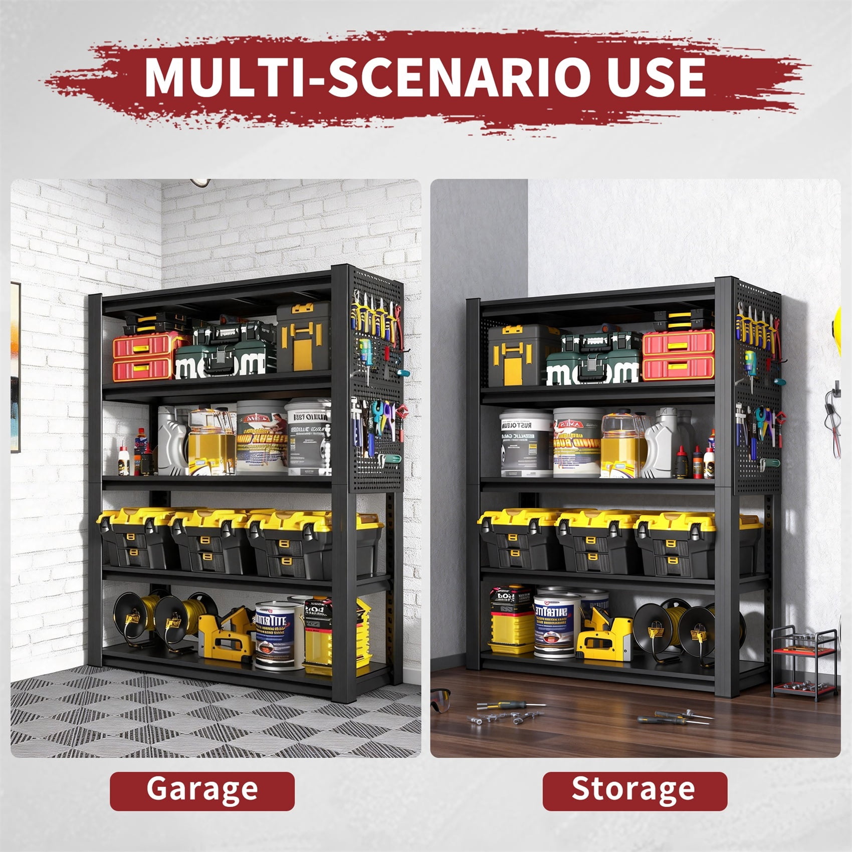 Alvantor 5 Tier Storage Shelves with Pegboard, Heavy Duty Adjustable Shelving Industrial Shelf for Garages, Offices 24"D x 47.5"W x 72"H Black