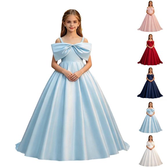 BCSIOAOI Girls Formal Dress,Off-Shoulder Bow Front Satin Flower Girl Dress for Weddings Sky Blue 7 Years
