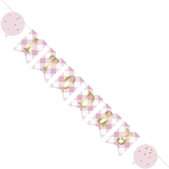 Unique Party 74908 6Ft Pink Gingham 1St Birthday Banner,Party Decorations