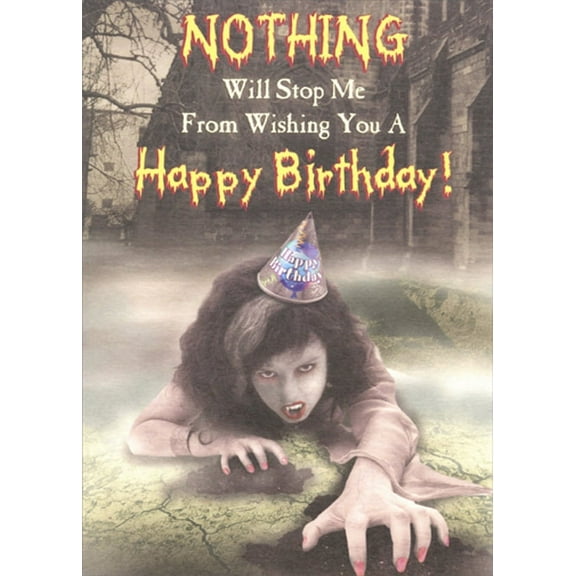 Designer Greetings Crawling Woman with Fangs and Party Hat Funny / Humorous Birthday Card