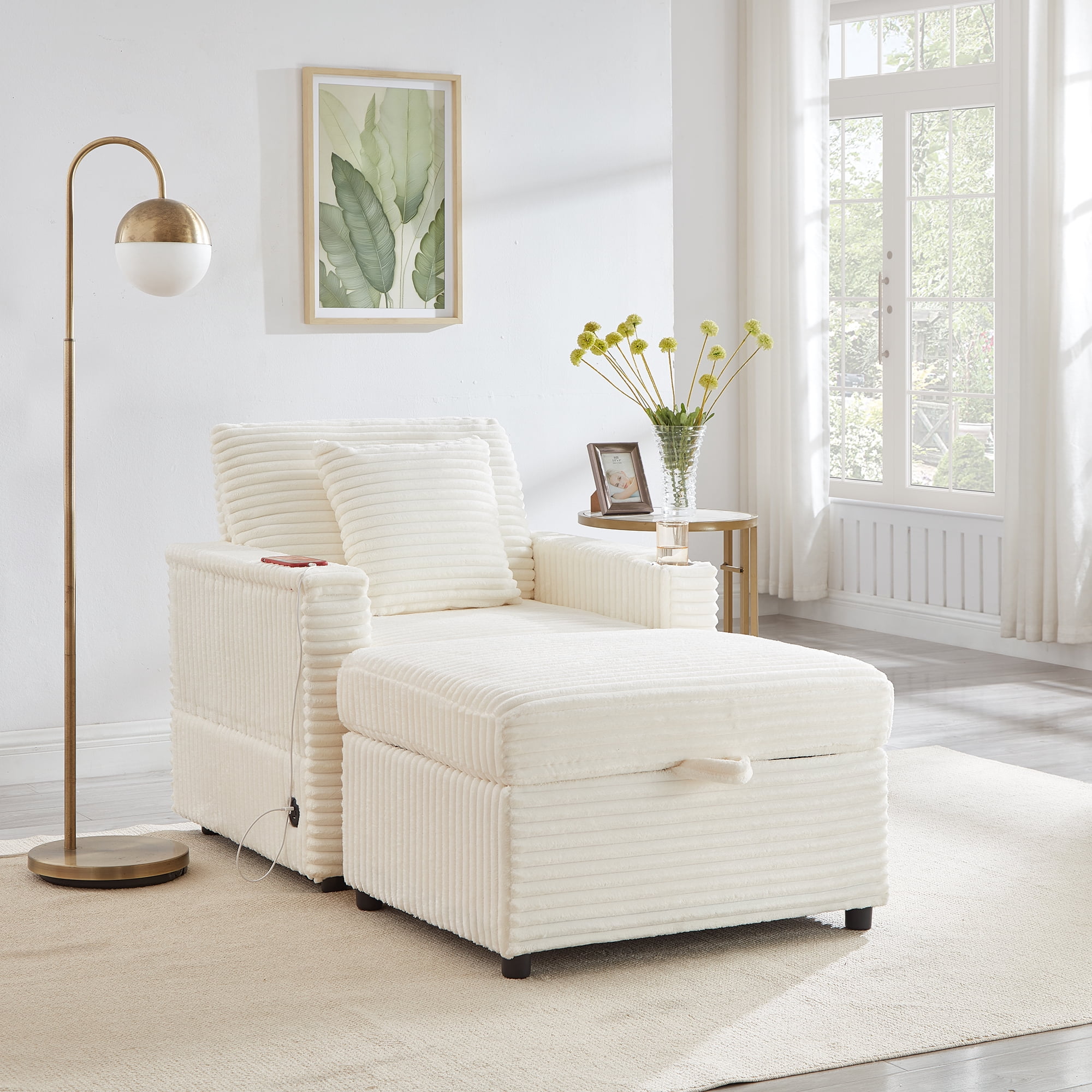 34.5" Soft Chaise Lounge Accent Chair Set with Ottoman, Table Board and Cup Holder