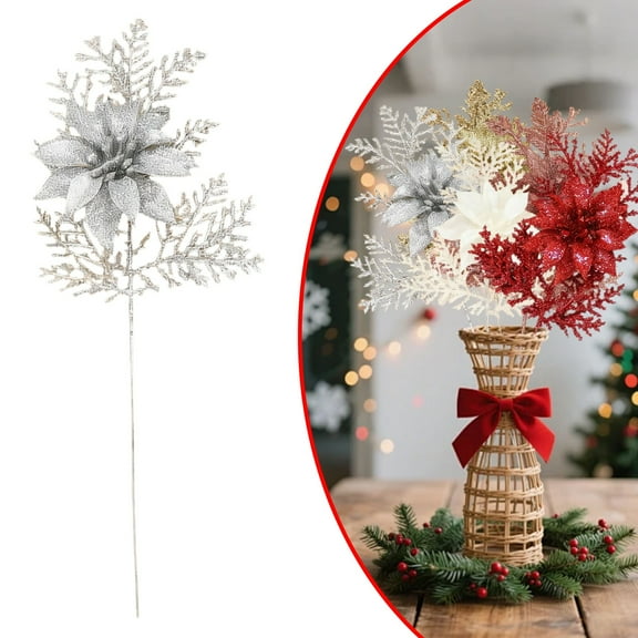 1PCS Artificial Glitter Stem Ornaments - 10.62 Inch Fake Christmas Picks Decorations with Poinsettia Flowers,Bead Sticks for DIY Christmas Tree,Wreath,Wedding & Small Vase Decor,Silver