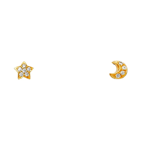 14k Yellow Gold Star and Celestial Moon Cubic Zirconia Stud Screw Earrings Stud Earring for Women