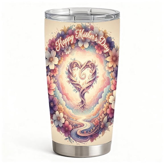 Stainless Steel Insulated Tumbler with Lid, Floral Heart Wreath Design, Double-Wall Hot Cold Travel Cup, Mother’s Day Gift
