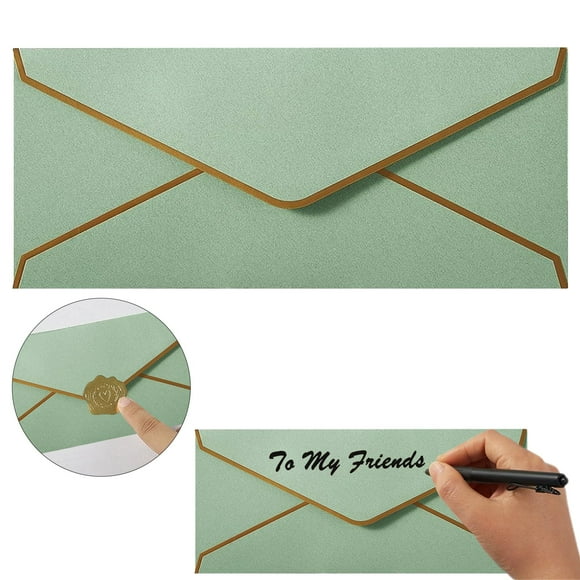Clearance! Yuehao Light Green Business Envelopes With V Gold Border #10 Envelope Made Of 150Gsm Paper Standard Envelopes With Gold Stickers For Checks Letter Mailing
