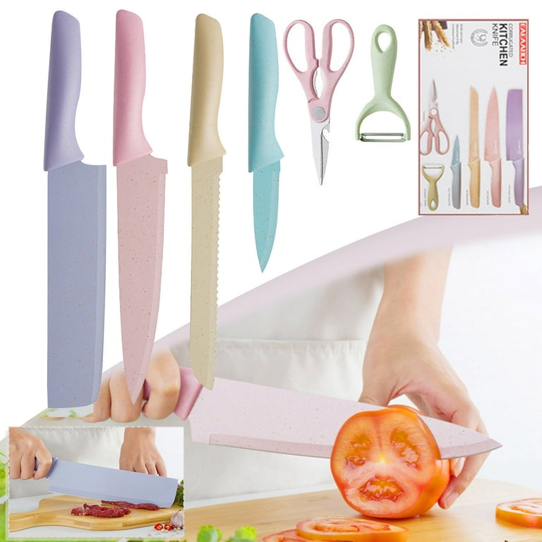 Kitchen gadgets Colorful Kitchen Knives Set Of 6 PCS Cute Fruit Knife Set  With Gift Box,High Carbon Steel Kitchen Knife Set Without Block,  Environmental Straw Material CHMORA 