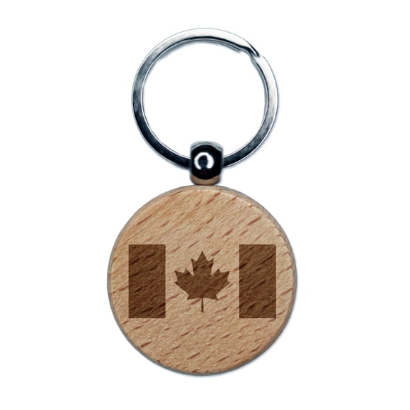 Canada Flag Round Keychain Charm Tag - Engraved Wood