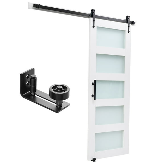 KFFKFF Sliding Barn Door, 32 x 84 inch, Durable MDF Panel with Glass, Barn Door with Hardware Kit, Water-Resistant PVC Coating, Simple Installation, H-Frame Design, Smooth Sliding for Living Spaces