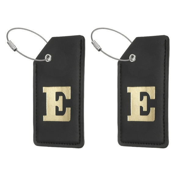Uxcell Initial Luggage Tag, 2 Pcs PU Leather Letter Suitcase Tags with Steel Loop for Travel Bag Luggage Baggage Identification Labels Name ID Card, Black-Gold (Letter E)