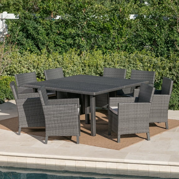 Rey Outdoor 9 Piece Wicker Dining Set with Water Resistant Cushions, Grey, Light Grey