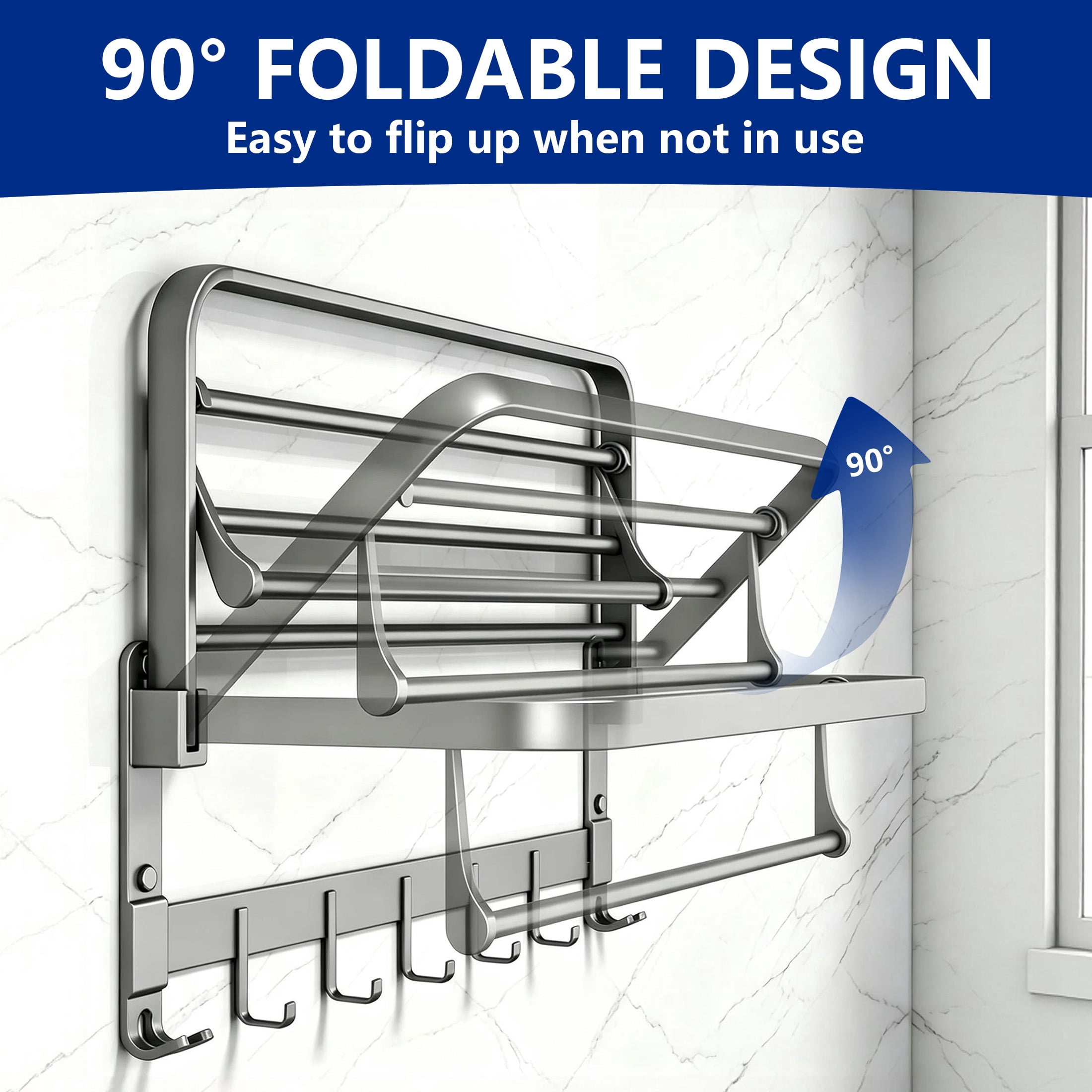 GARITIN Bathroom Towel Rack, 90° Rotatable Aluminum Towel Bar with Shelf & Hooks, Wall Mount Towel Holder for Shower Toilet Hotel