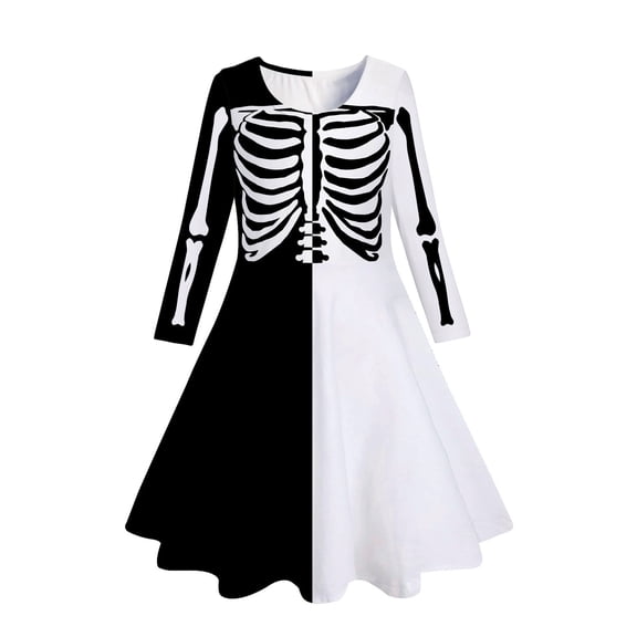 CONZONE Halloween Costume Dresses for Big Girls Long Sleeve Hallowmas Skeleton Graphic Dress Funny Party Stage Dress Up Clothes