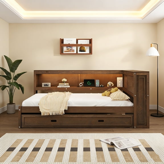 Full Size Wood Daybed with Trundle, Storage Shelves, USB Ports and LED Lighting, Antique Wood Finish