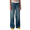 thumbnail image 1 of Women's Low Rise Jeans Wide Leg Trousers with Multi Pockets Oversized Fit Floor Length Buttons and with zip Washed Denim Pants, 1 of 5
