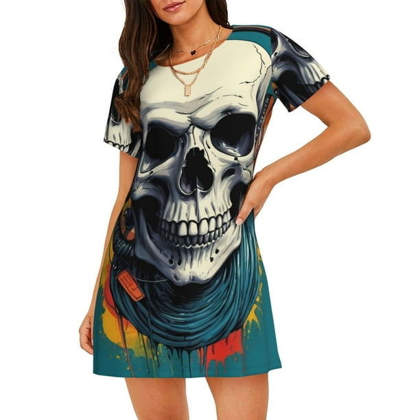 Easygdp Modern Hip-Hop Skull Camisón de manga corta para mujer, informal, estampado