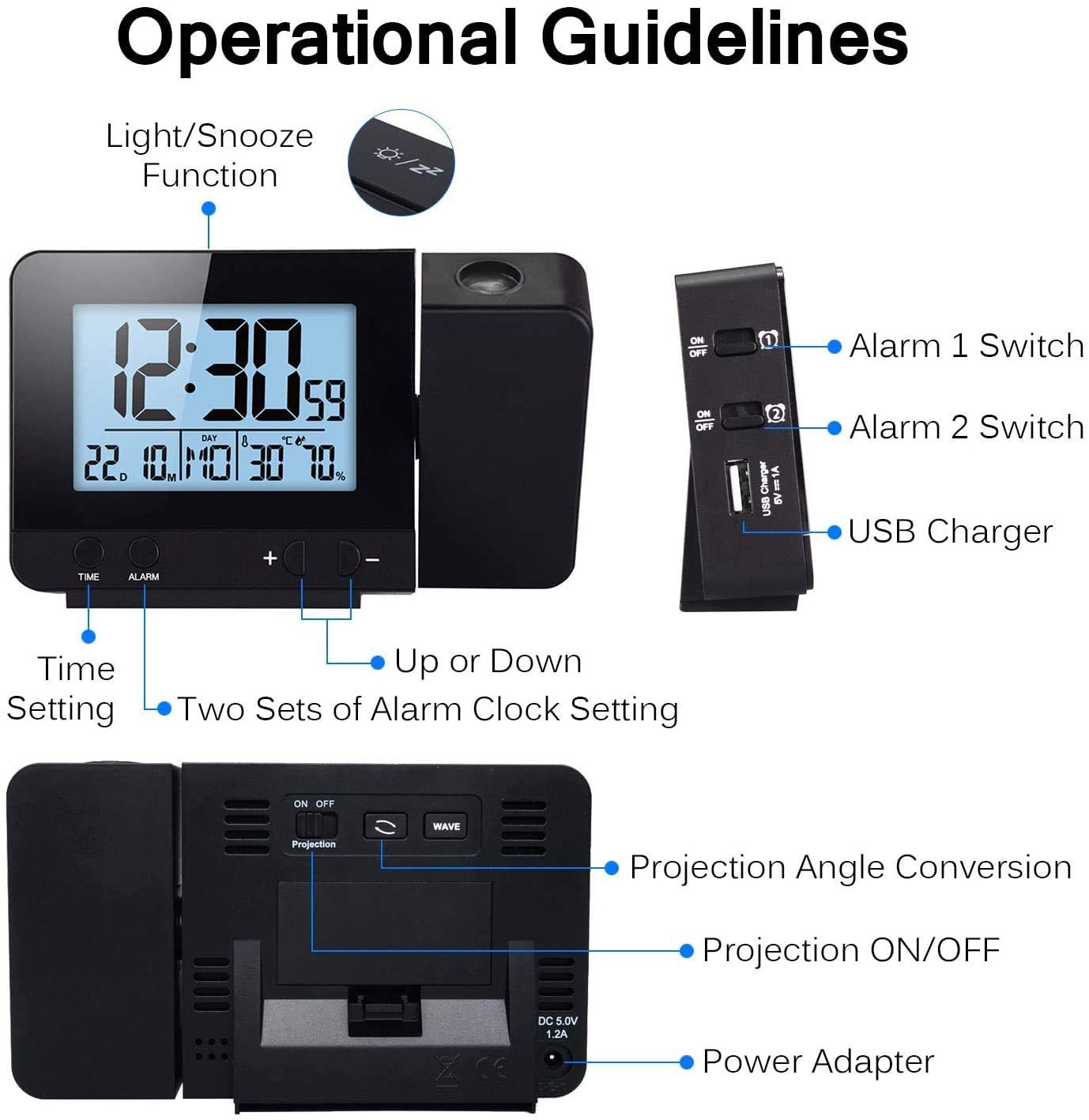 Projection Clock, Digital Alarm Clock, LED Display Projector Clock with Backlight Snooze Function, 2 Alarm Sounds (Black)