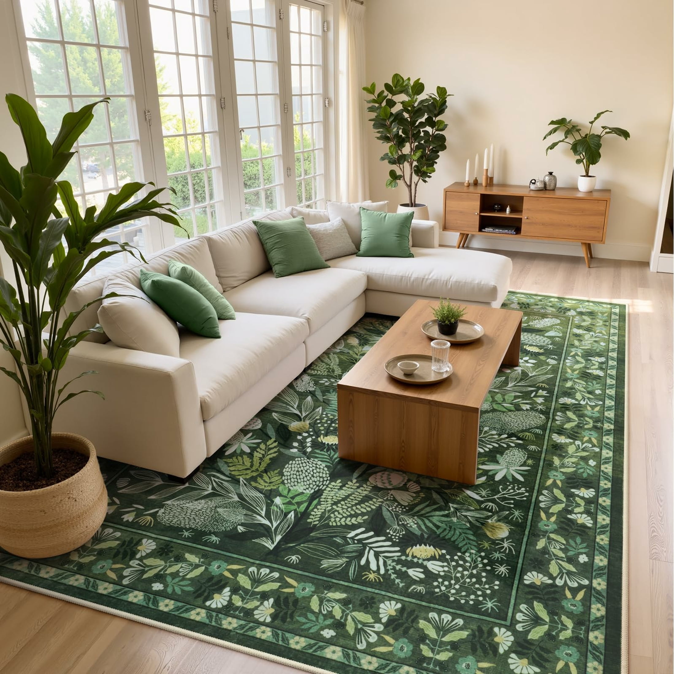 Moynesa Green Large Area Rugs 8'x10', Botanical Floral Washable Rug for Living Room, Soft Rugs for Bedroom Non-Slip Ultra-Thin Modern Rug Dining Room Accent Carpet for Dorm Apartment