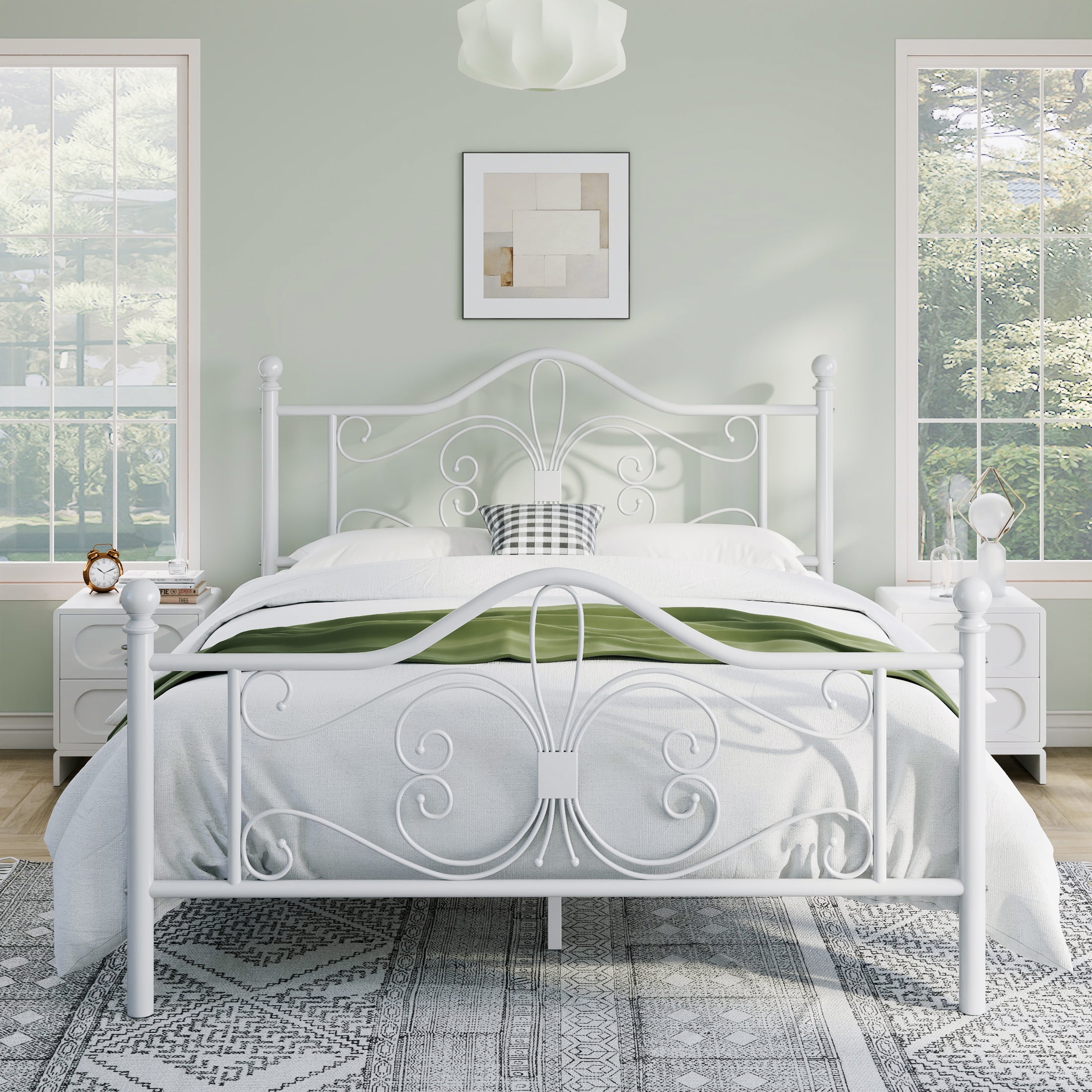 Sha Cerlin Queen Size Metal Platform Bed Frame with Victorian Vintage Butterfly Headboard&Footboard, White